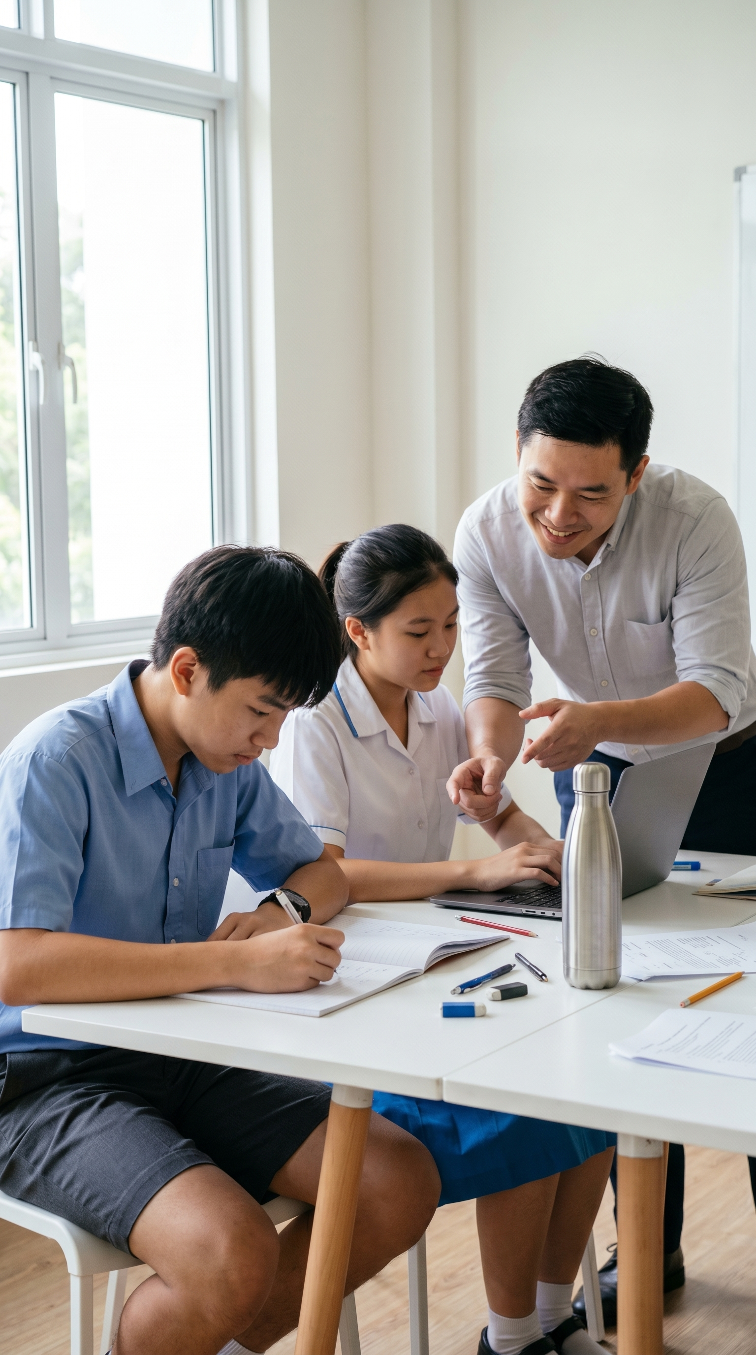 Tutor guiding students at a laptop
