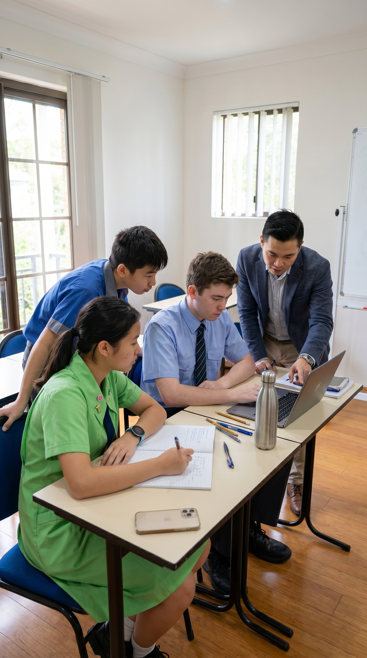 Tutor giving laptop instruction to students