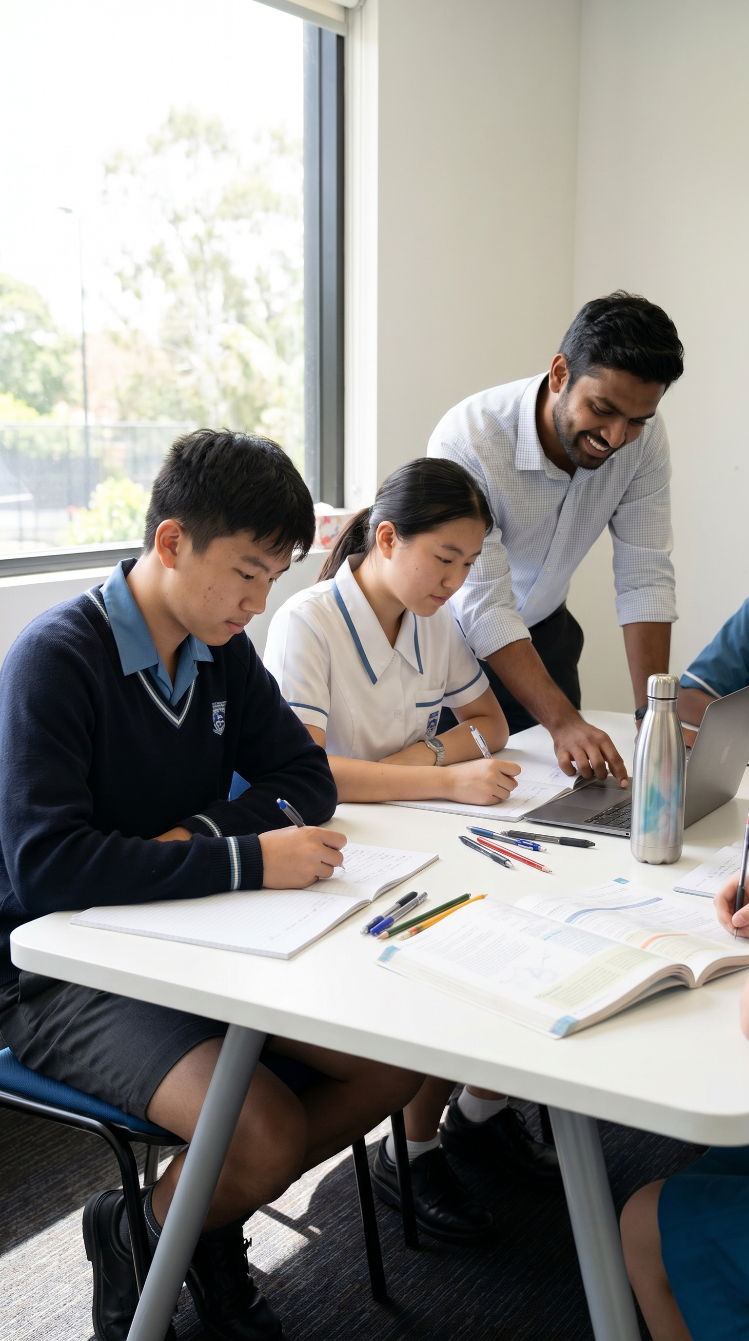 Tutor supporting students with notes